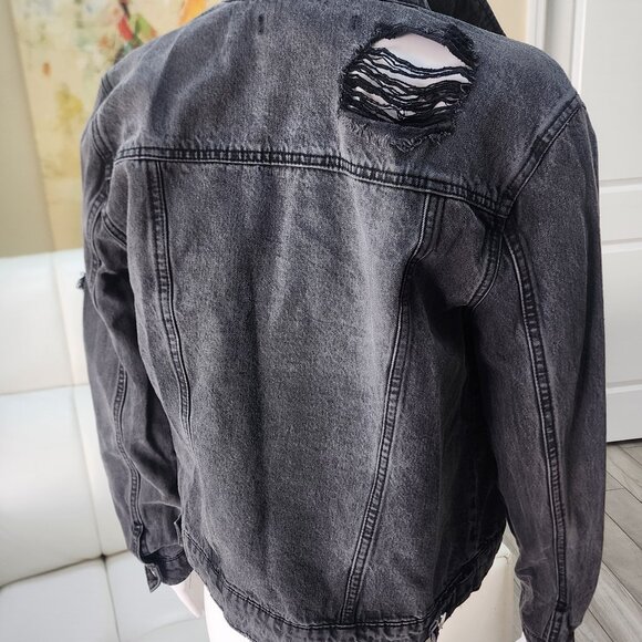 TINSEL Women’s Distressed Black Denim Jacket with Pearl Accents - Size S - Picture 3 of 12